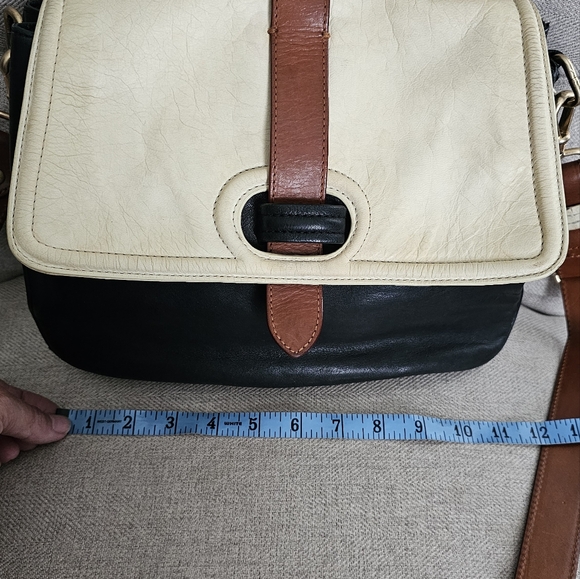 Nanette Lepore Two-tone leather bag (cream/black), tan trim, flap front satchel - Picture 6 of 15